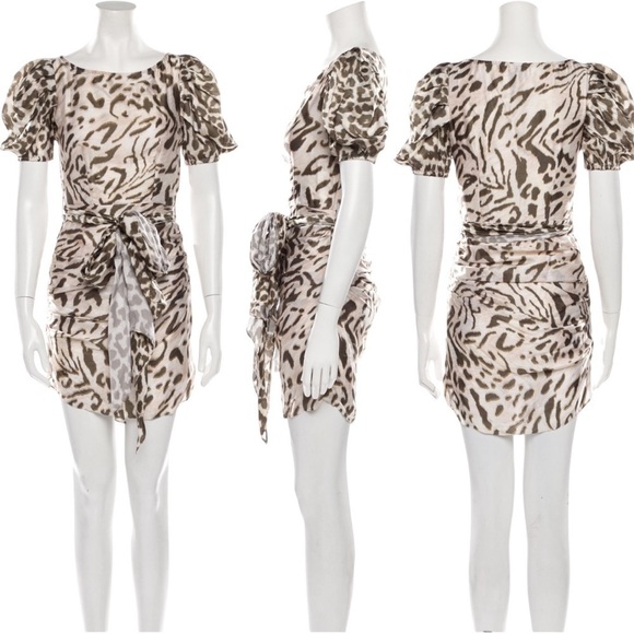 HEMANT AND NANDITA REVOLVE Rika Leopard Print Puff Sleeve Ruched Mini Dress L - Picture 2 of 9